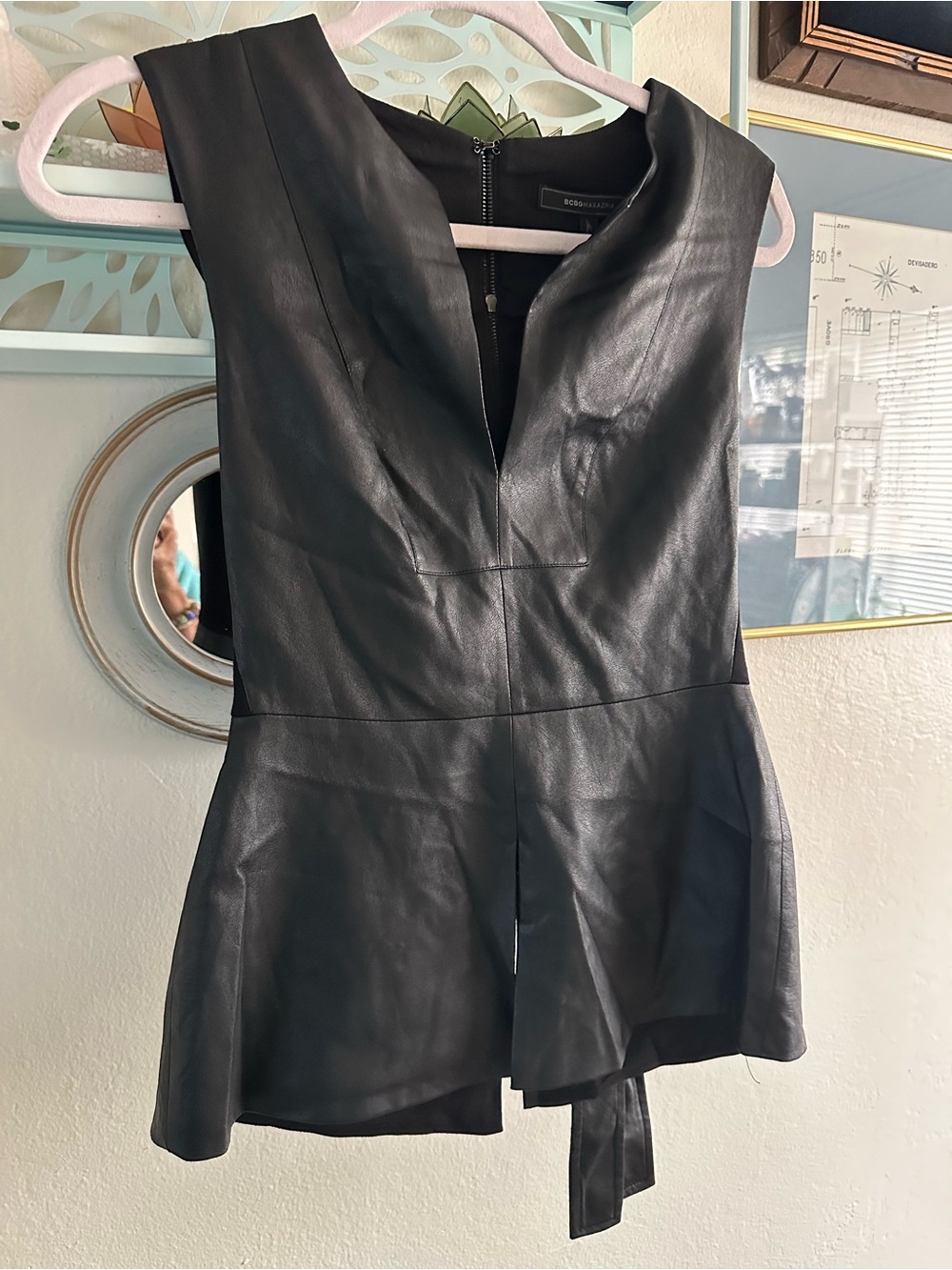 BCBGMaxAzria Black Faux-Leather Sleeveless Peplum Top